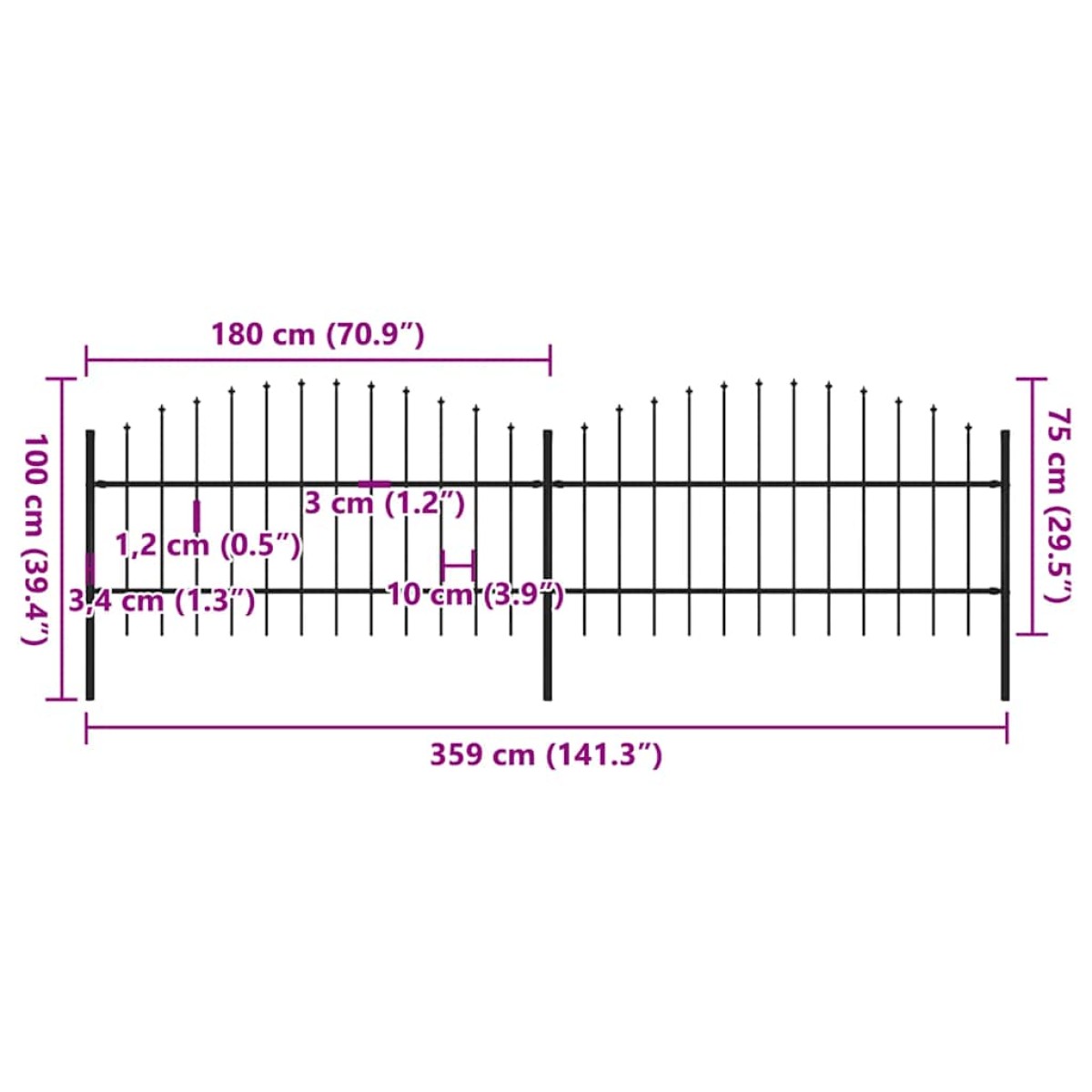 vidaXL Κάγκελα Περίφραξης με Λόγχες Μαύρα (0,75-1) x 3,4 μ. Ατσάλινα