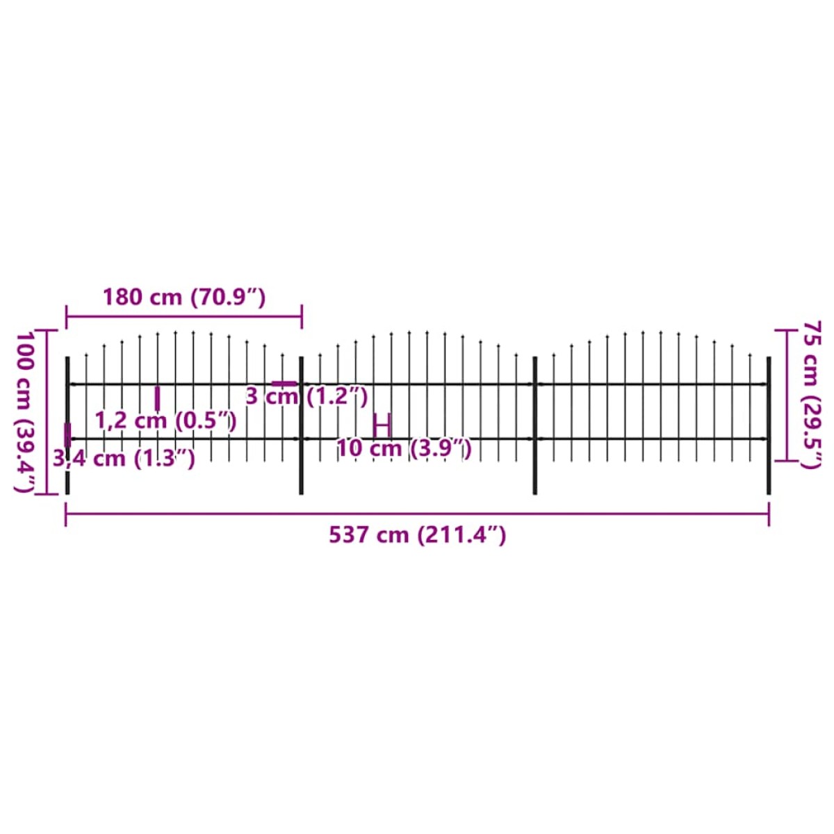 vidaXL Κάγκελα Περίφραξης με Λόγχες Μαύρα (0,75-1) x 5,1 μ. Ατσάλινα