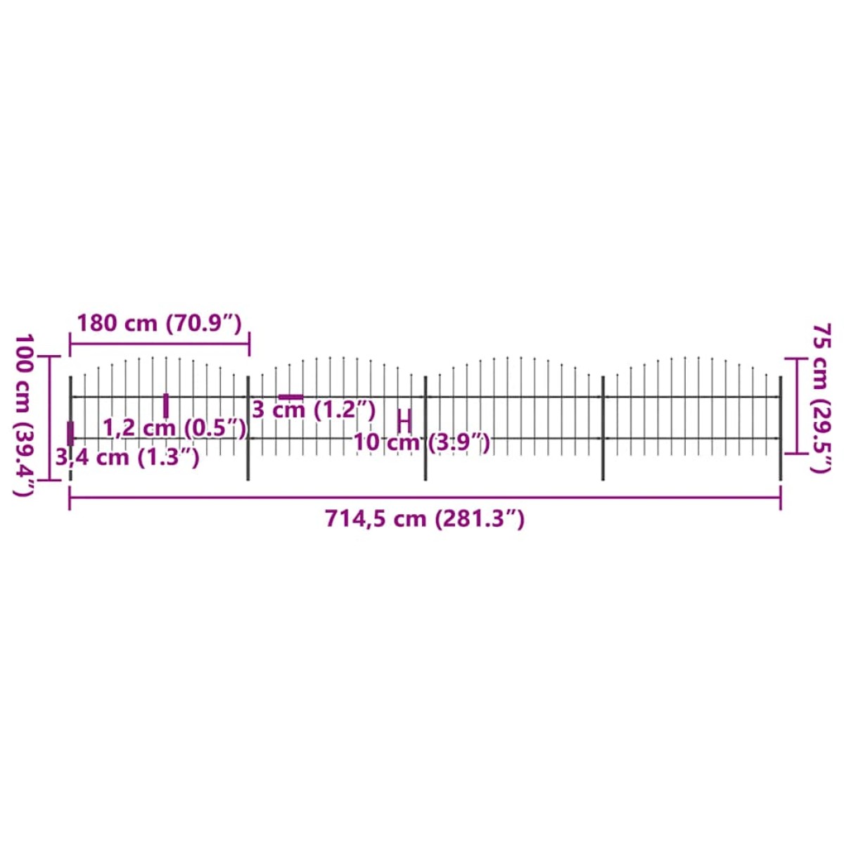 vidaXL Κάγκελα Περίφραξης με Λόγχες Μαύρα (0,75-1) x 6,8 μ. Ατσάλινα