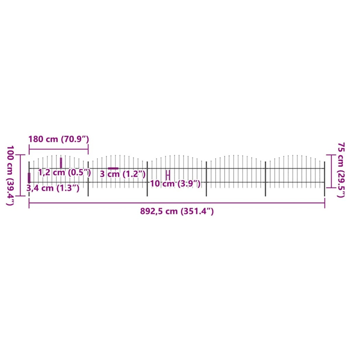 vidaXL Κάγκελα Περίφραξης με Λόγχες Μαύρα (0,75-1) x 8,5 μ. Ατσάλινα