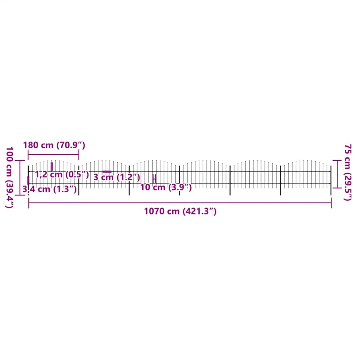 vidaXL Κάγκελα Περίφραξης με Λόγχες Μαύρα (0,75-1) x 10,2 μ. Ατσάλινα