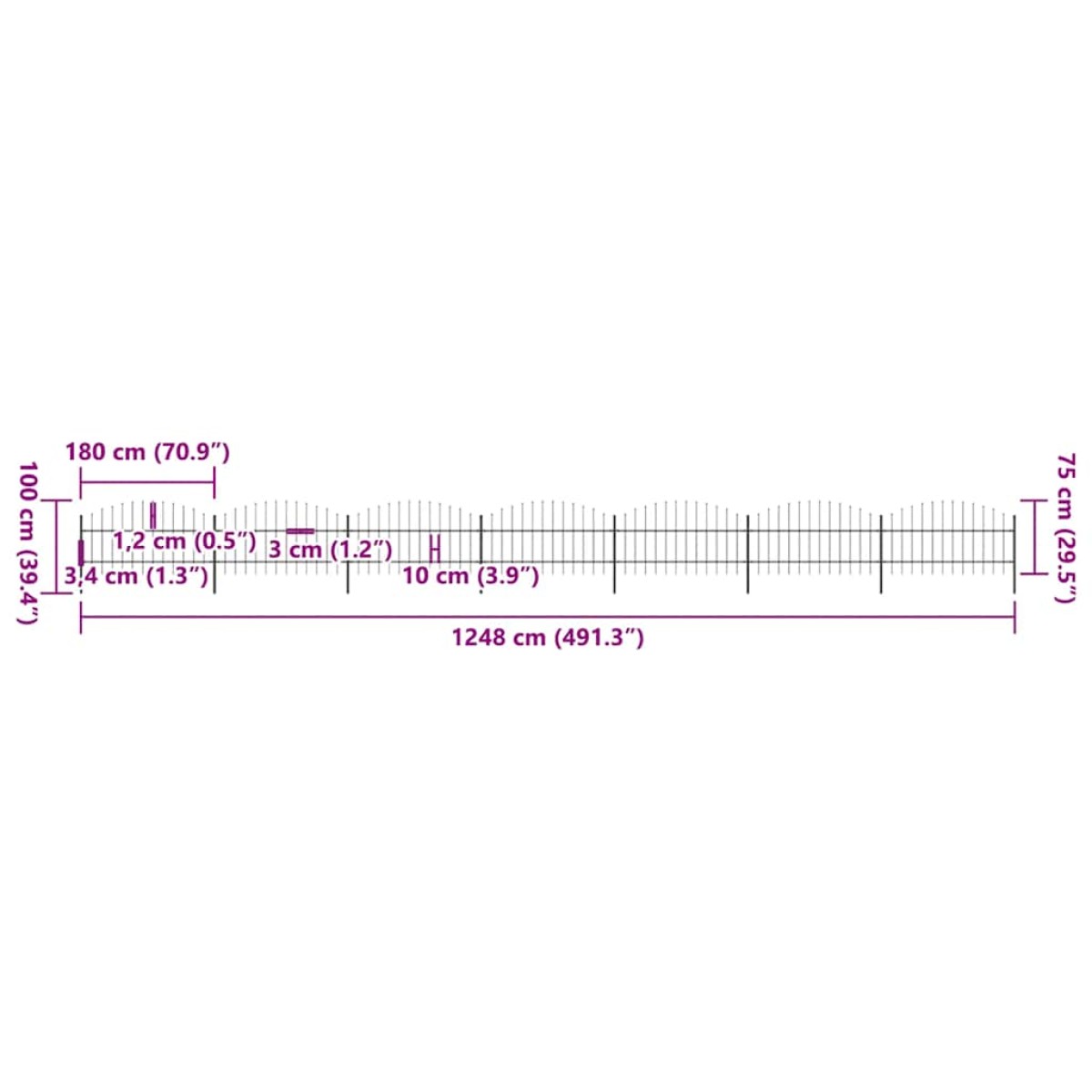 vidaXL Κάγκελα Περίφραξης με Λόγχες Μαύρα (0,75-1) x 11,9 μ. Ατσάλινα
