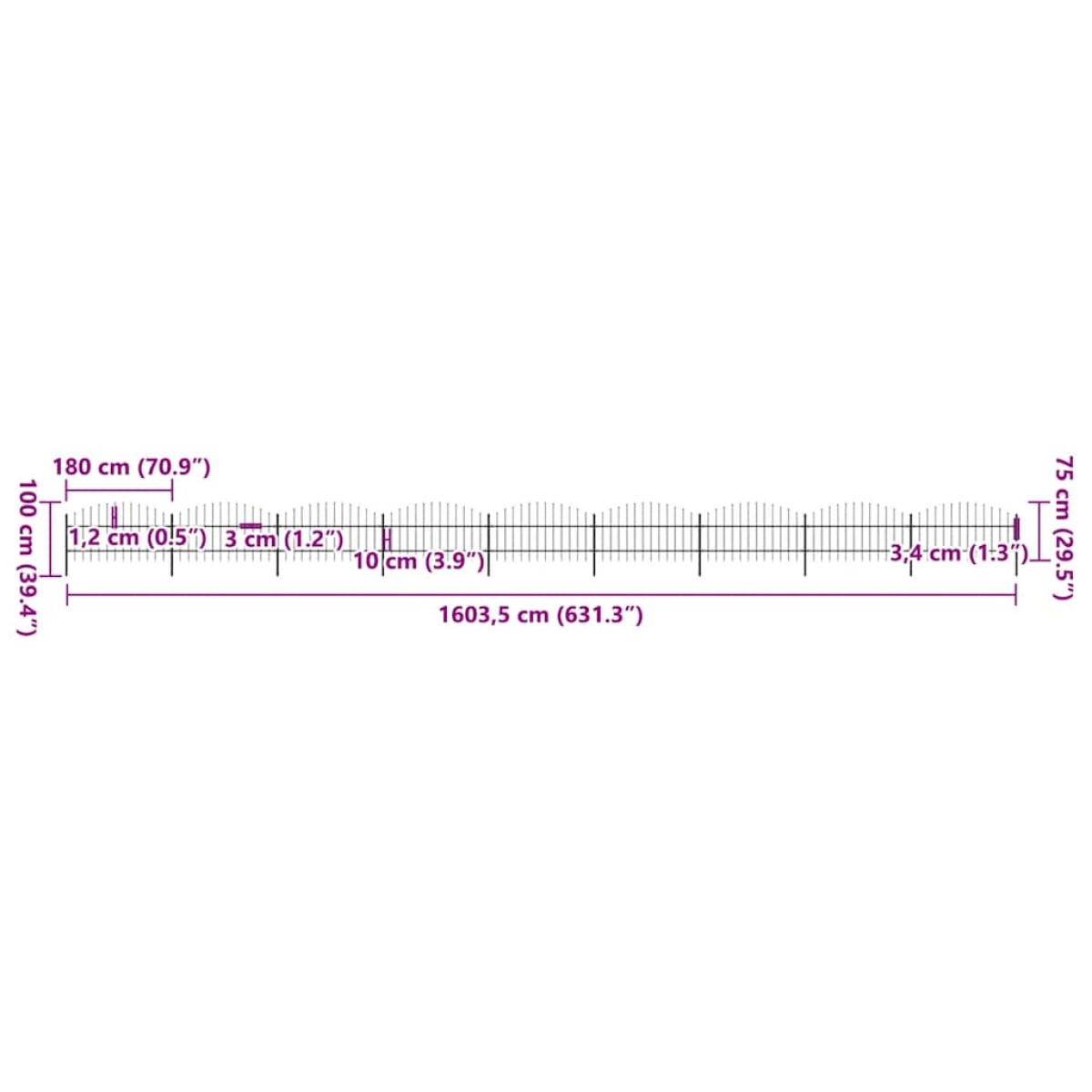 vidaXL Κάγκελα Περίφραξης με Λόγχες Μαύρα (0,75-1) x 15,3 μ. Ατσάλινα