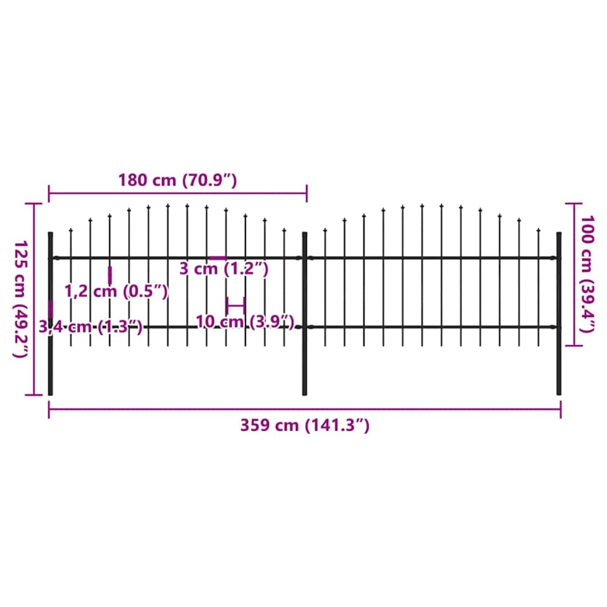 vidaXL Κάγκελα Περίφραξης με Λόγχες Μαύρα (1-1,25) x 3,4 μ. Ατσάλινα