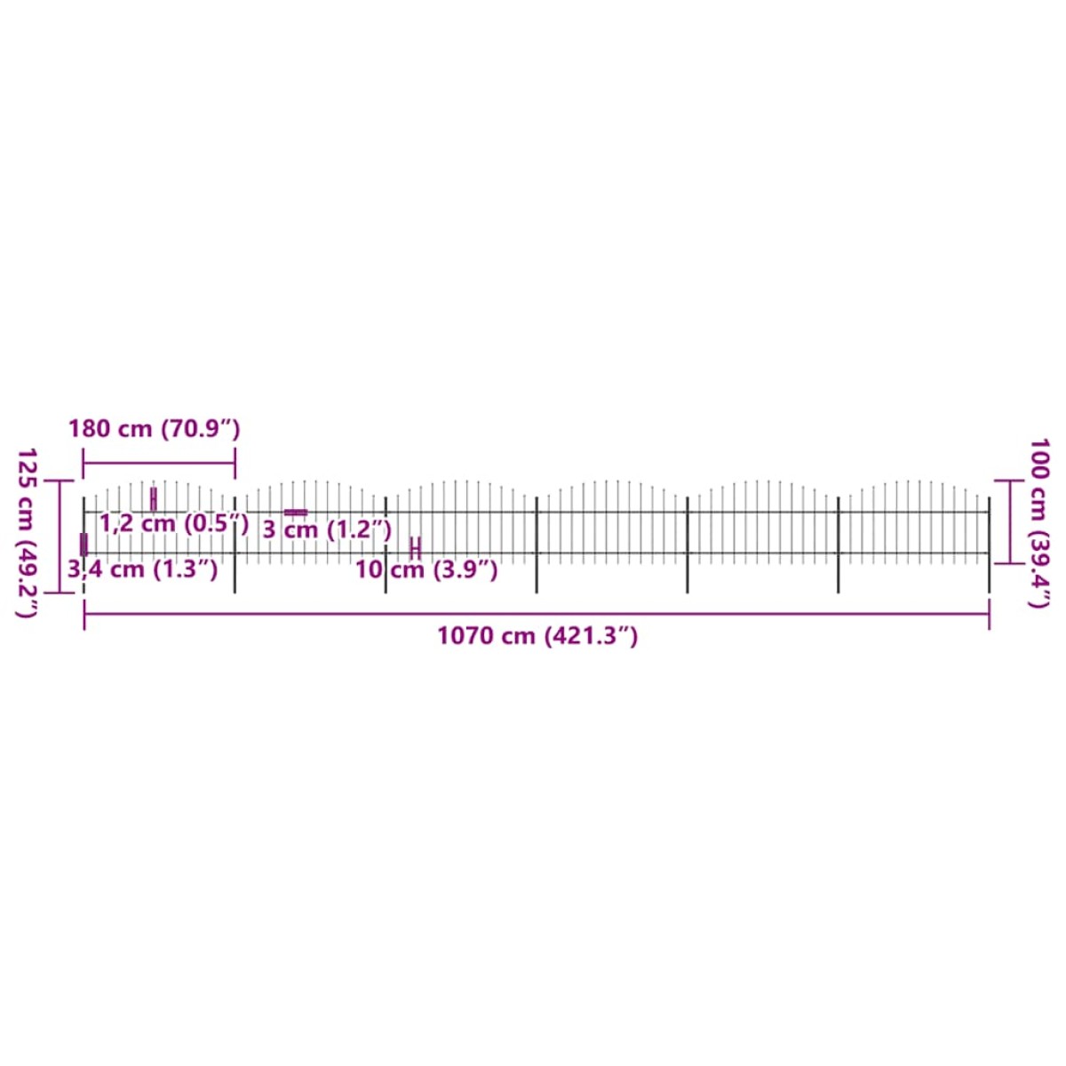 vidaXL Κάγκελα Περίφραξης με Λόγχες Μαύρα (1-1,25) x 10,2 μ. Ατσάλινα