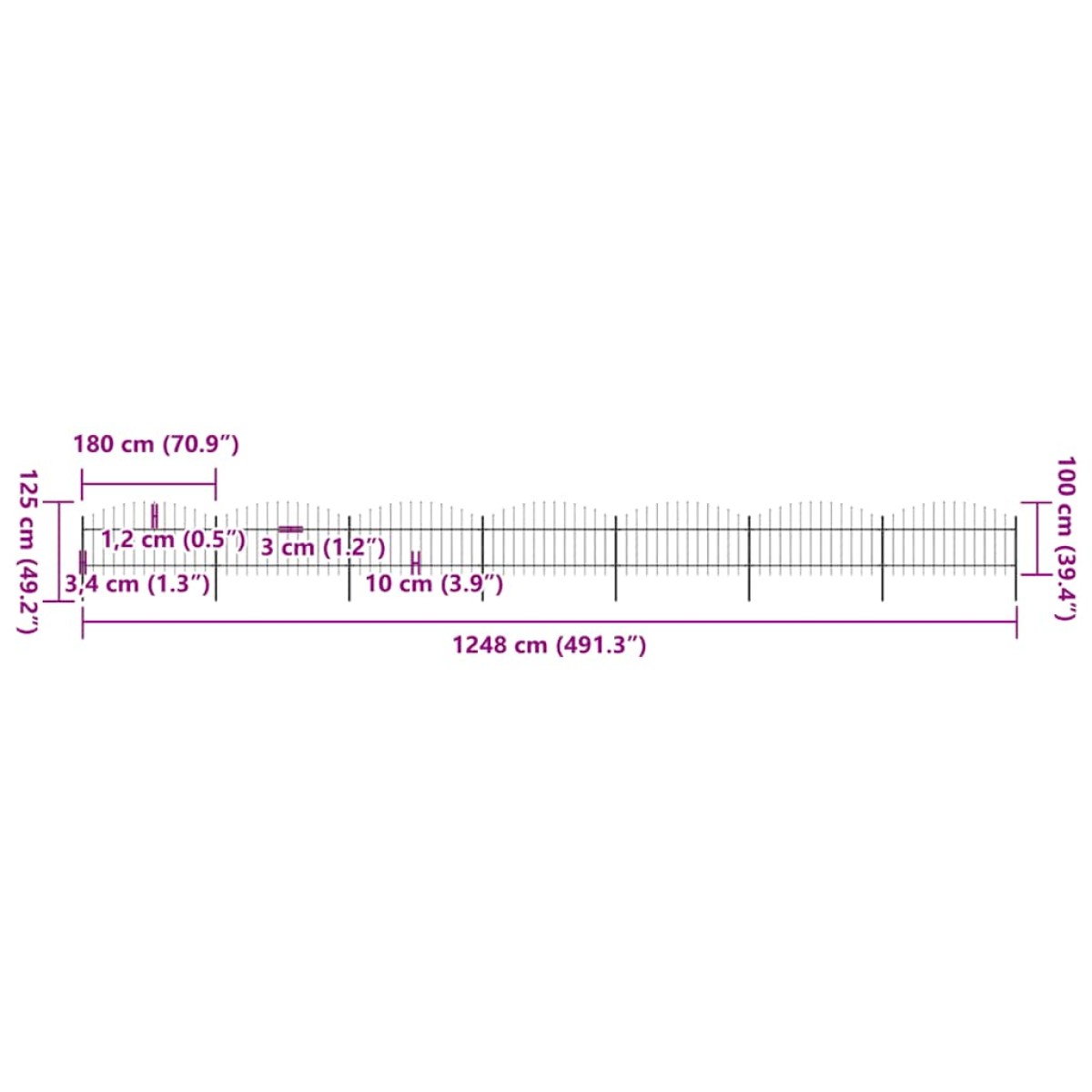 vidaXL Κάγκελα Περίφραξης με Λόγχες Μαύρα (1-1,25) x 11,9 μ. Ατσάλινα