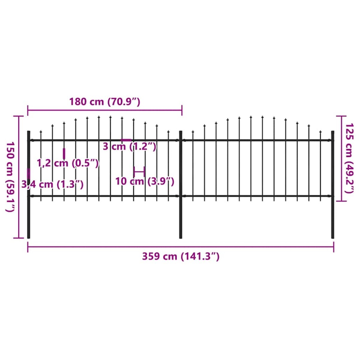 vidaXL Κάγκελα Περίφραξης με Λόγχες Μαύρα (1,25-1,5) x 3,4 μ. Ατσάλινα