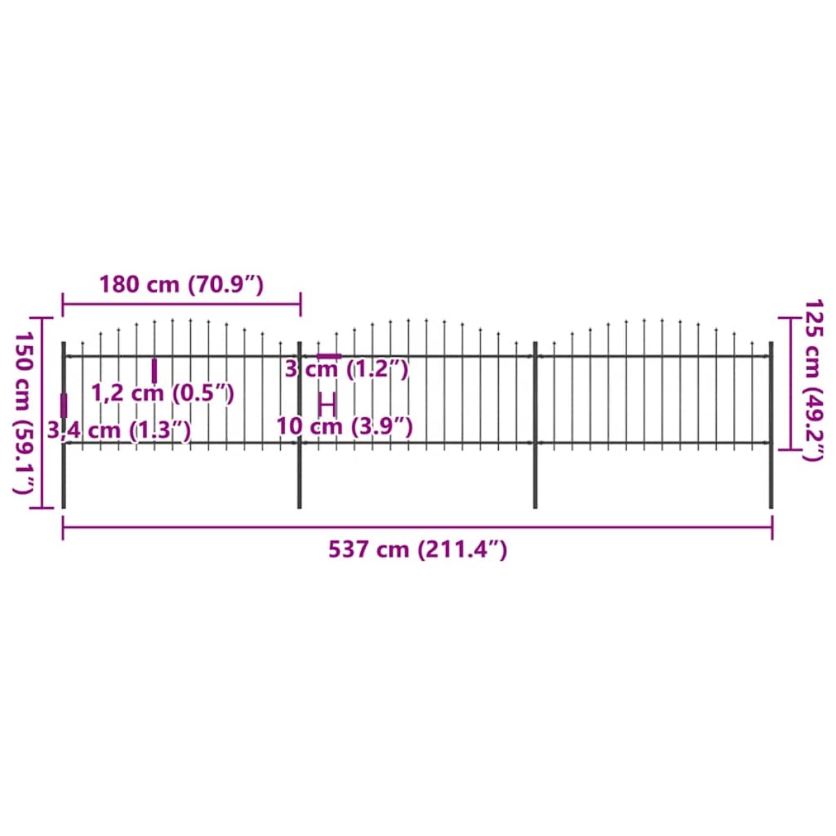 vidaXL Κάγκελα Περίφραξης με Λόγχες Μαύρα (1,25-1,5) x 5,1 μ. Ατσάλινα