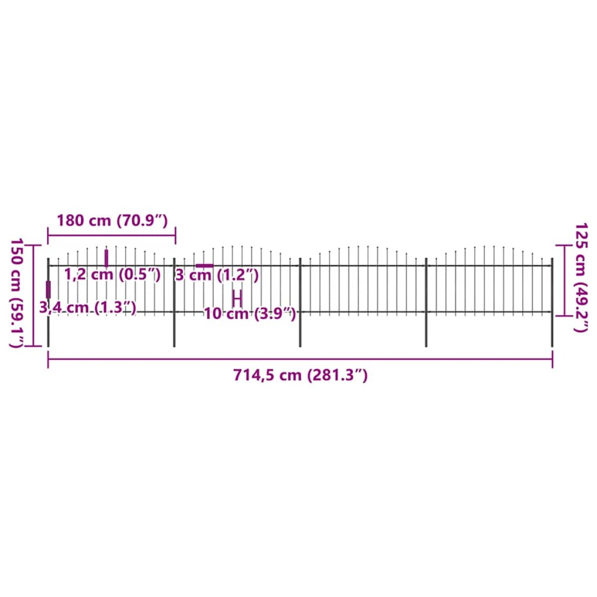 vidaXL Κάγκελα Περίφραξης με Λόγχες Μαύρα (1,25-1,5) x 6,8 μ. Ατσάλινα