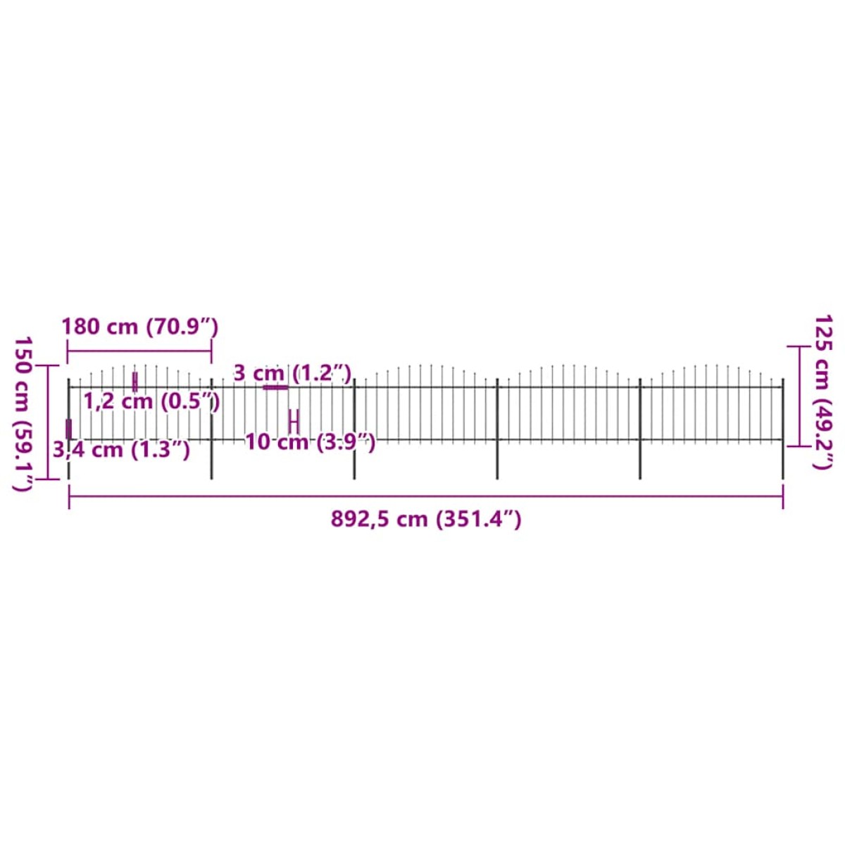 vidaXL Κάγκελα Περίφραξης με Λόγχες Μαύρα (1,25-1,5) x 8,5 μ. Ατσάλινα