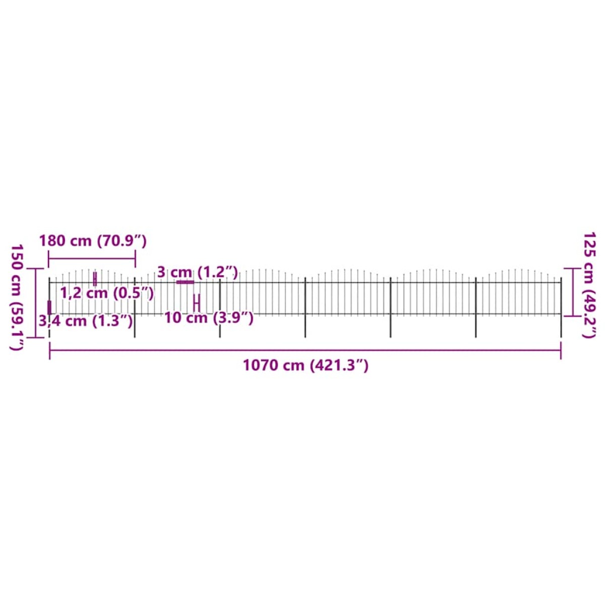 vidaXL Κάγκελα Περίφραξης με Λόγχες Μαύρα (1,25-1,5)x10,2 μ. Ατσάλινα