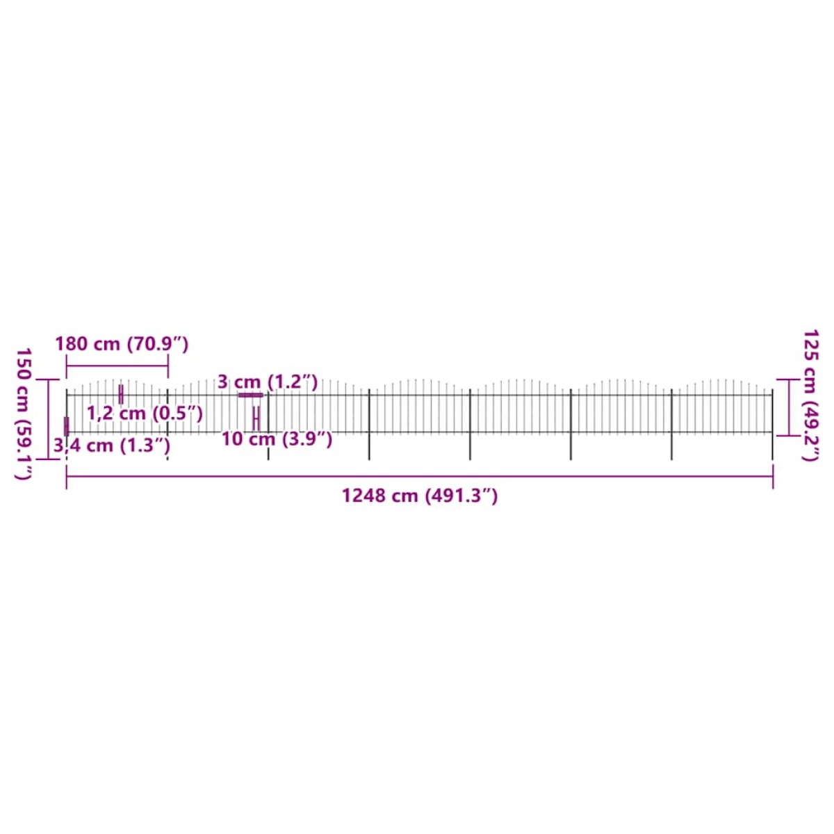 vidaXL Κάγκελα Περίφραξης με Λόγχες Μαύρα (1,25-1,5)x11,9 μ. Ατσάλινα