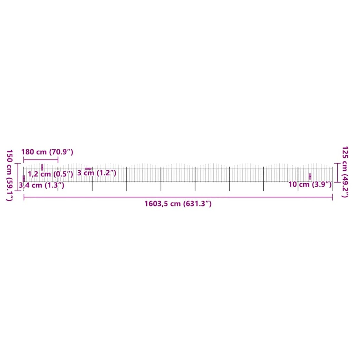 vidaXL Κάγκελα Περίφραξης με Λόγχες Μαύρα (1,25-1,5)x15,3 μ. Ατσάλινα