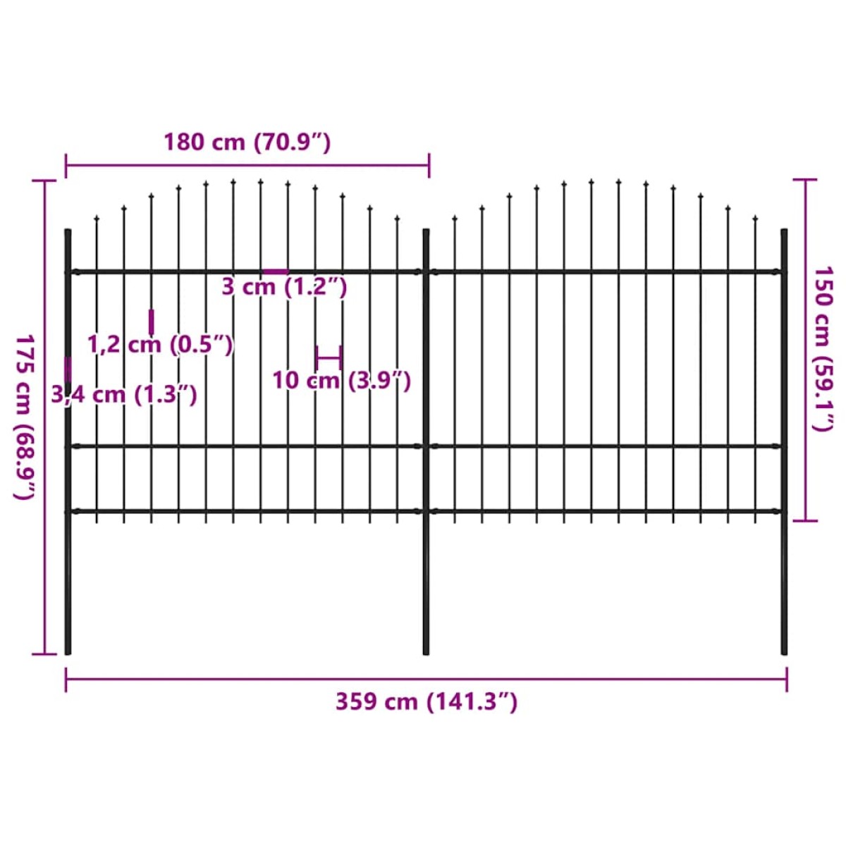 vidaXL Κάγκελα Περίφραξης με Λόγχες Μαύρα (1,5-1,75) x 3,4 μ. Ατσάλινα