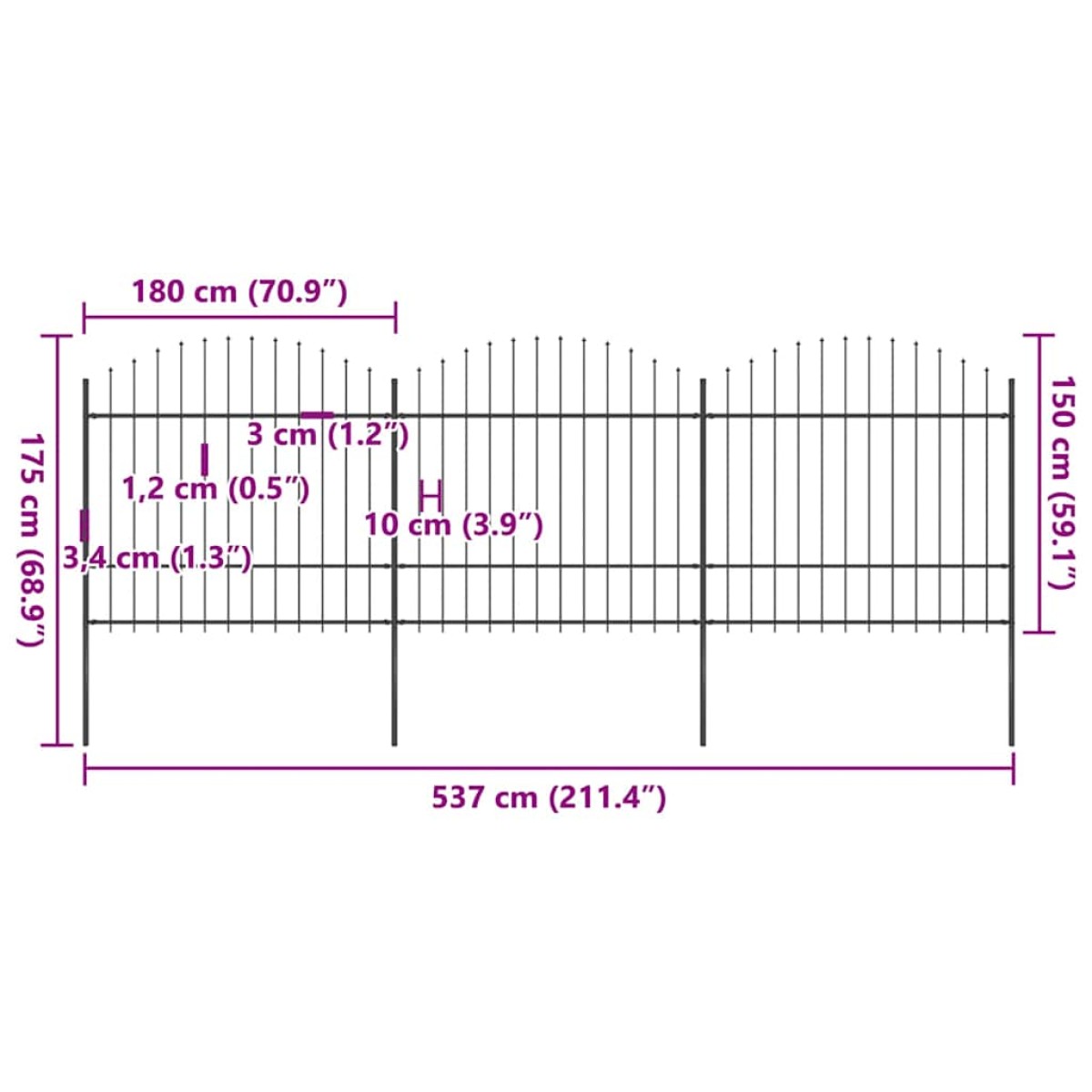 vidaXL Κάγκελα Περίφραξης με Λόγχες Μαύρα (1,5-1,75) x 5,1 μ. Ατσάλινα