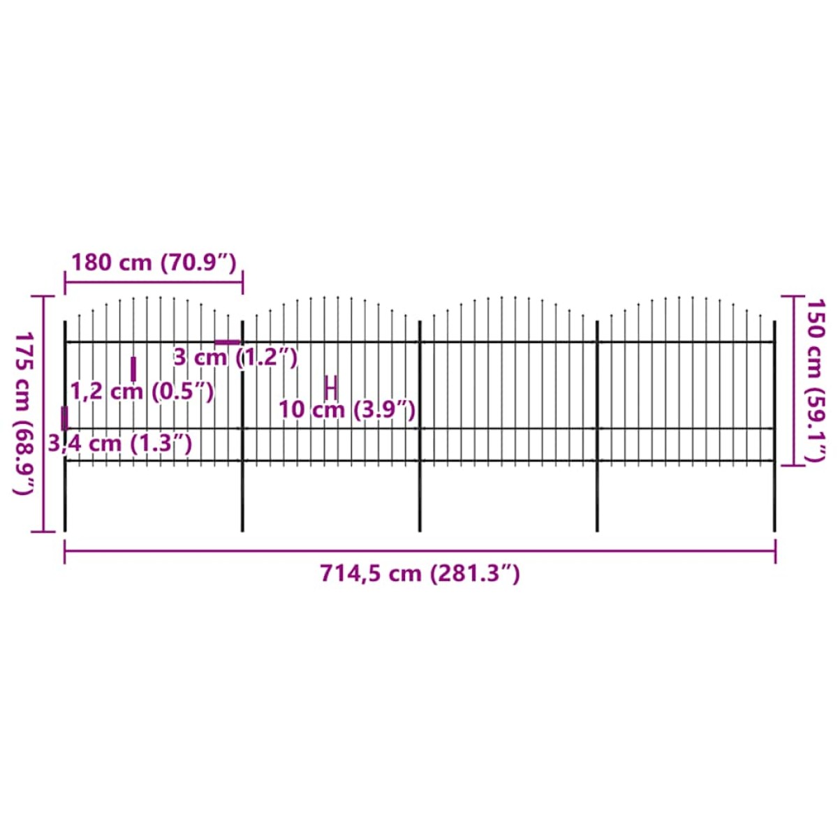 vidaXL Κάγκελα Περίφραξης με Λόγχες Μαύρα (1,5-1,75) x 6,8 μ. Ατσάλινα