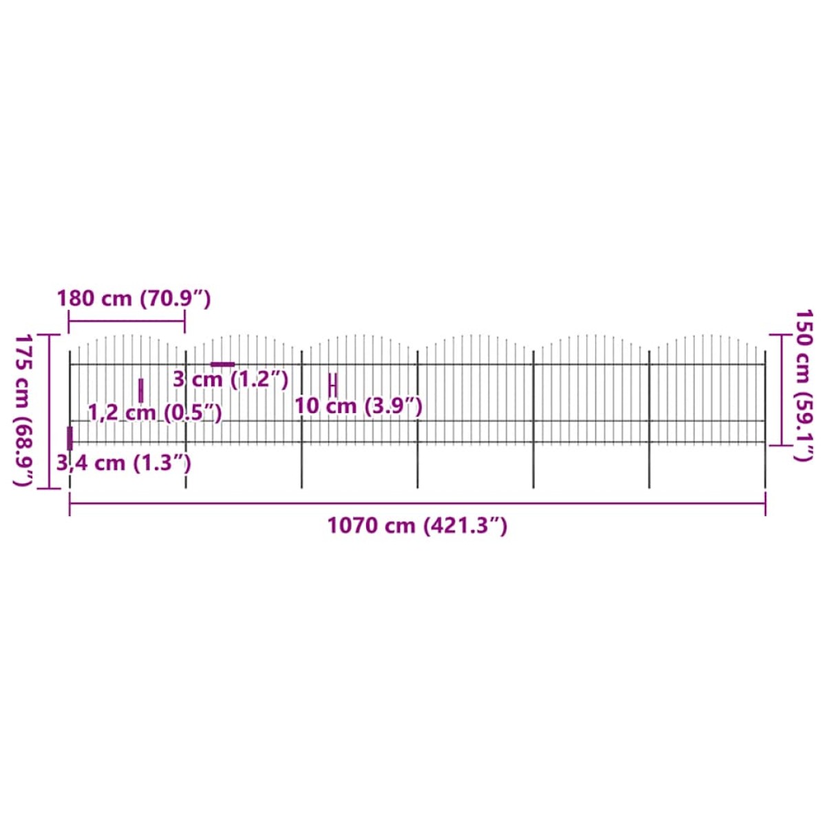 vidaXL Κάγκελα Περίφραξης με Λόγχες Μαύρα (1,5-1,75)x10,2 μ. Ατσάλινα