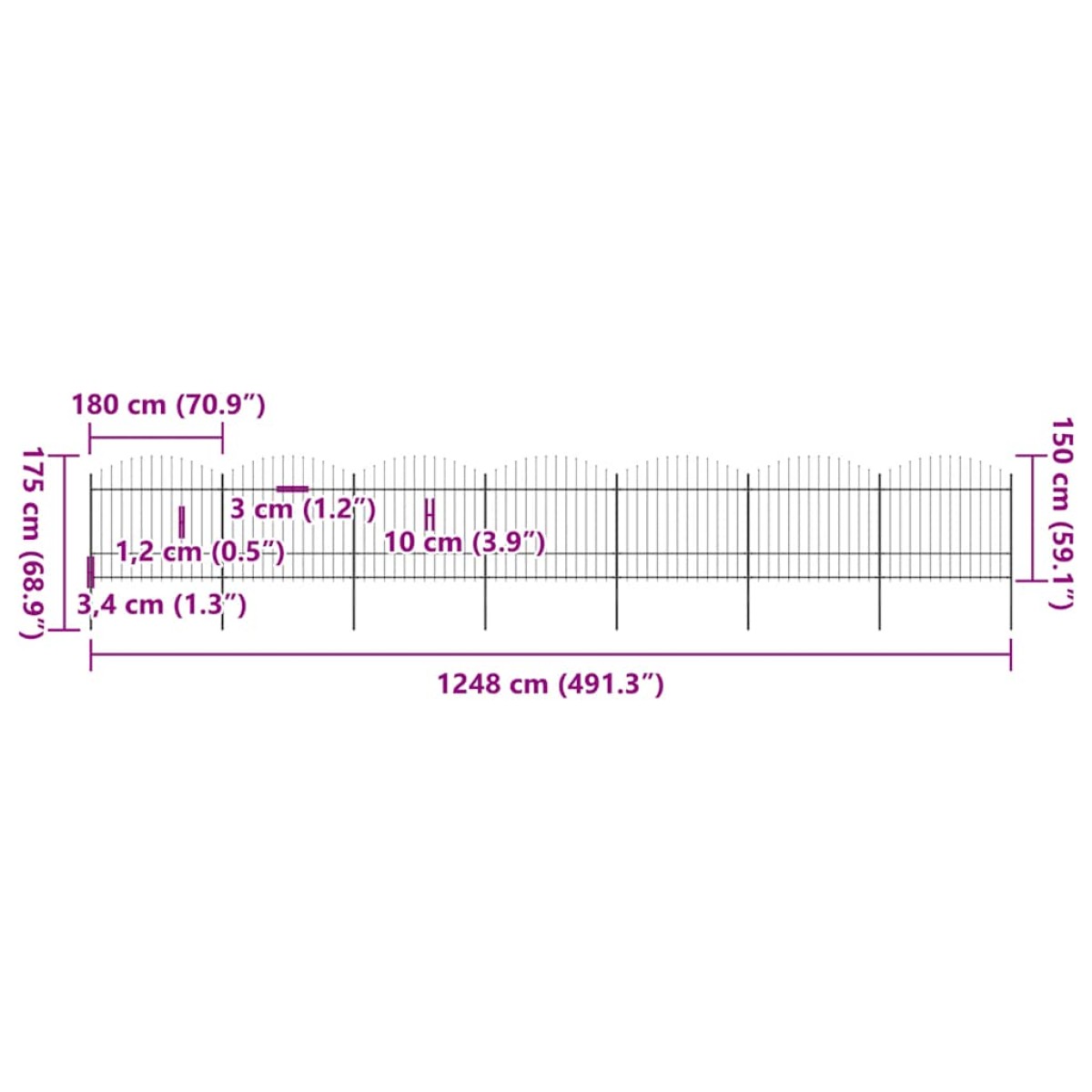 vidaXL Κάγκελα Περίφραξης με Λόγχες Μαύρα (1,5-1,75)x11,9 μ. Ατσάλινα