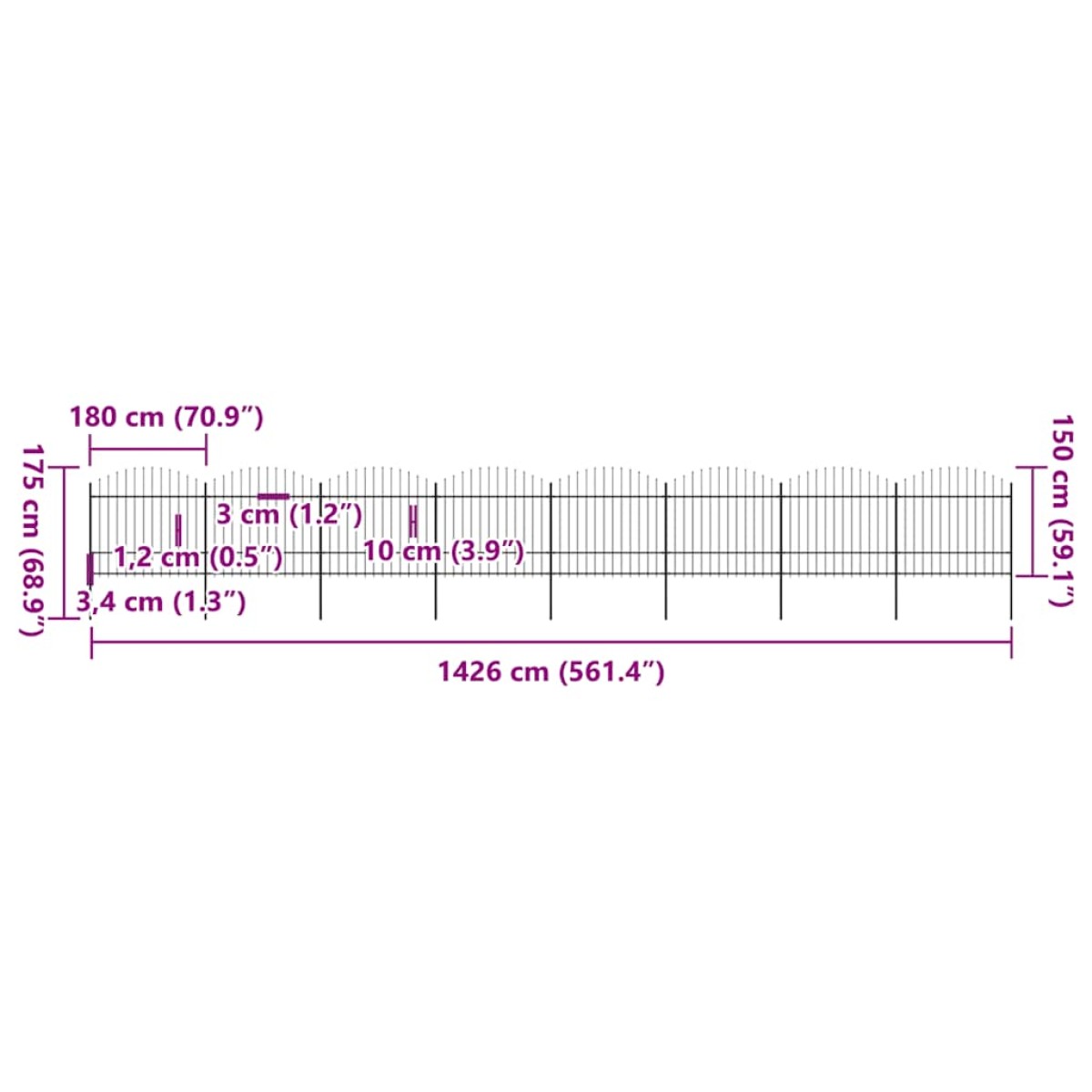 vidaXL Κάγκελα Περίφραξης με Λόγχες Μαύρα (1,5-1,75)x13,6 μ. Ατσάλινα