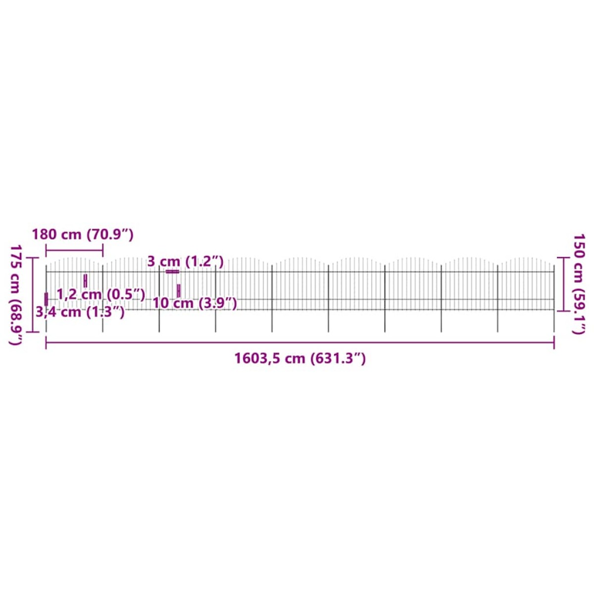 vidaXL Κάγκελα Περίφραξης με Λόγχες Μαύρα (1,5-1,75)x15,3 μ. Ατσάλινα