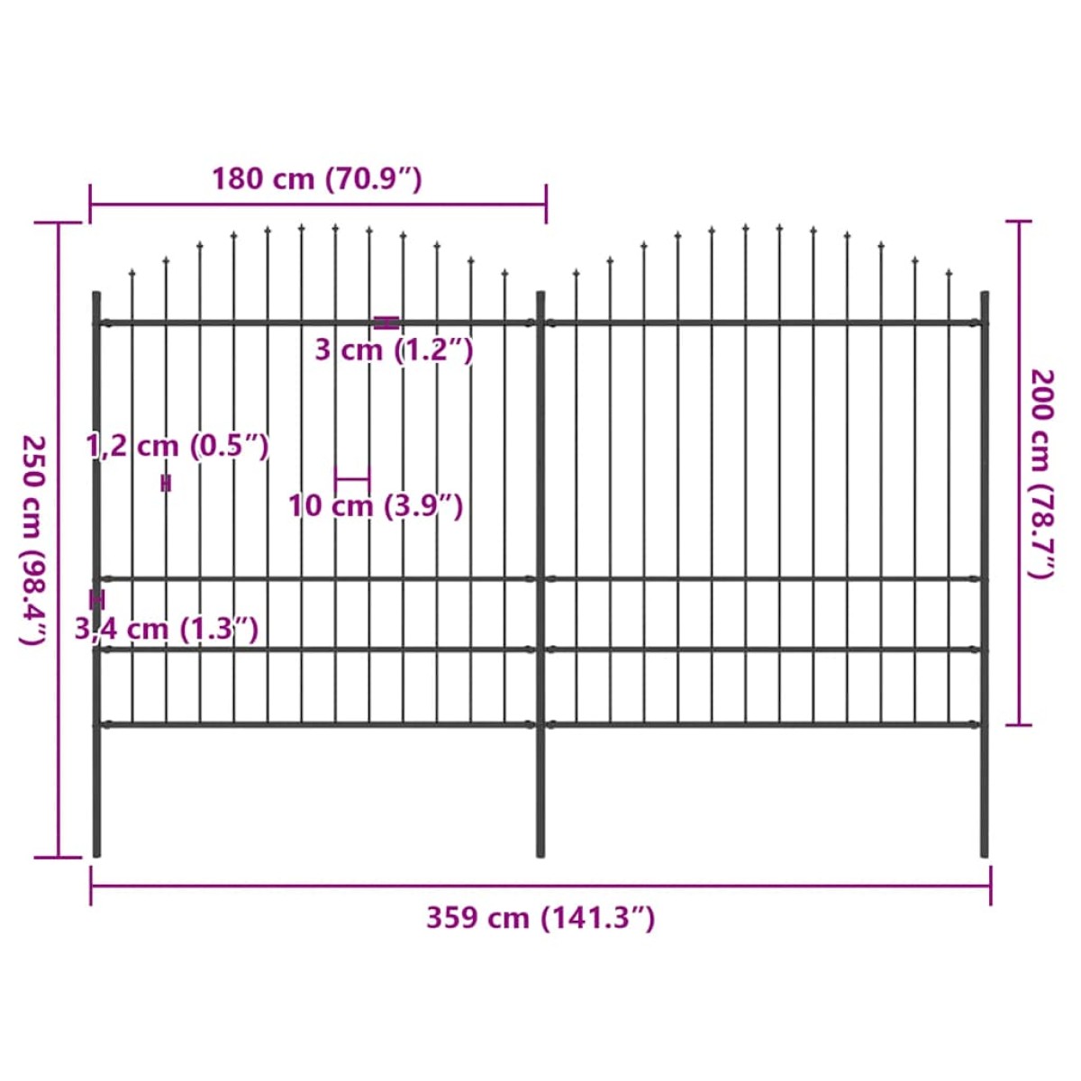 vidaXL Κάγκελα Περίφραξης με Λόγχες Μαύρα (1,75-2) x 3,4 μ. Ατσάλινα