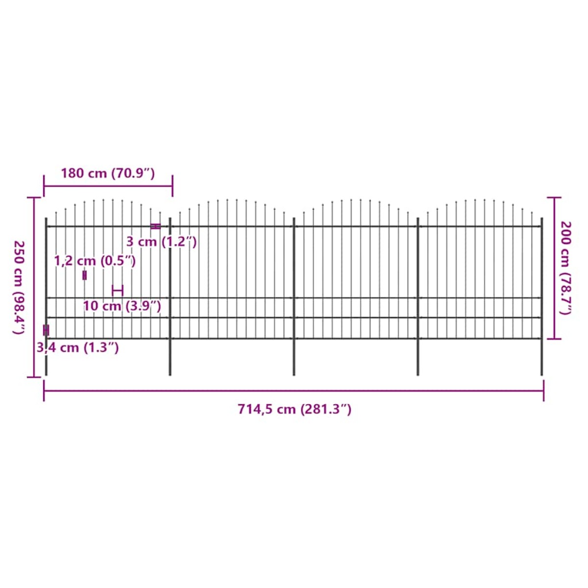vidaXL Κάγκελα Περίφραξης με Λόγχες Μαύρα (1,75-2) x 6,8 μ. Ατσάλινα