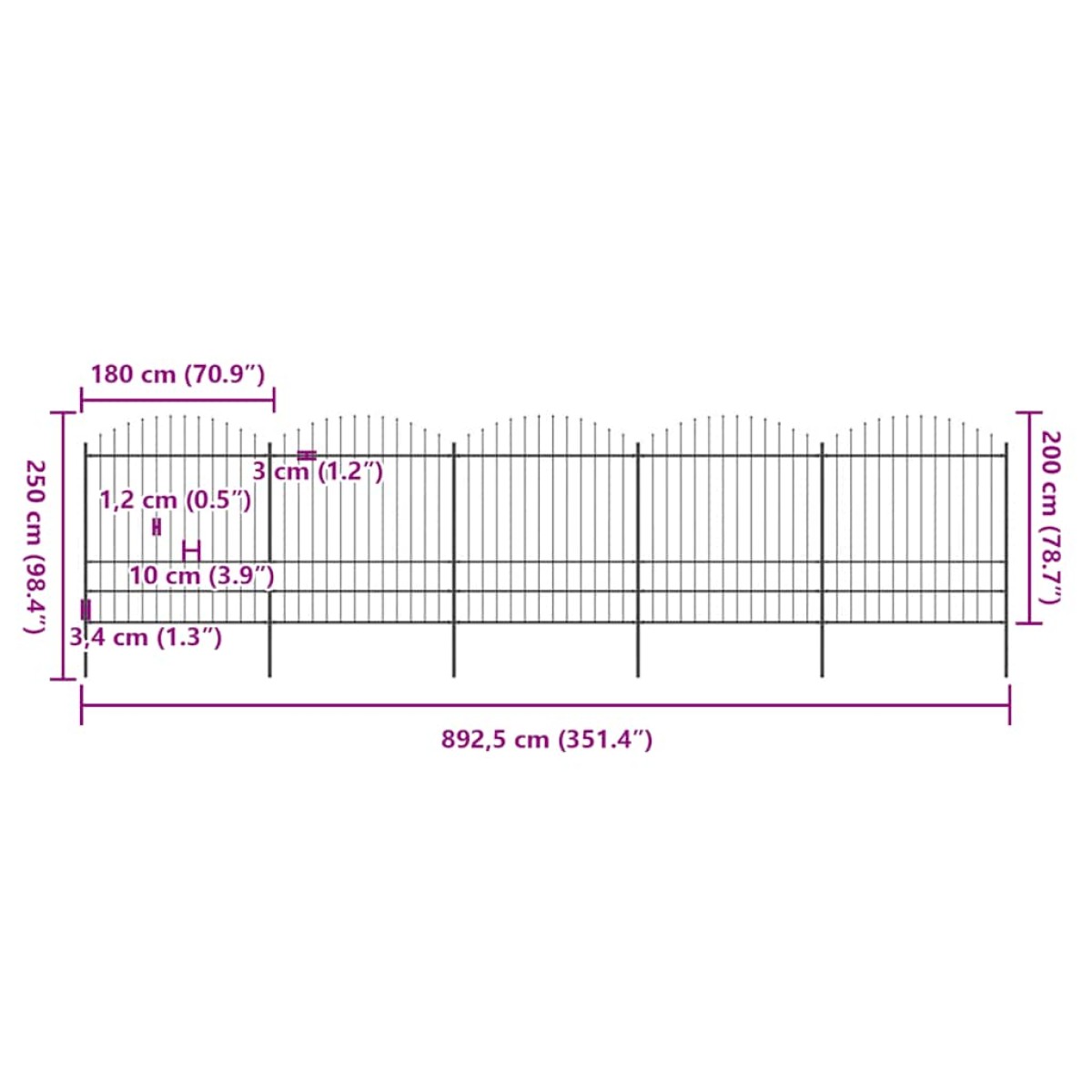 vidaXL Κάγκελα Περίφραξης με Λόγχες Μαύρα (1,75-2) x 8,5 μ. Ατσάλινα