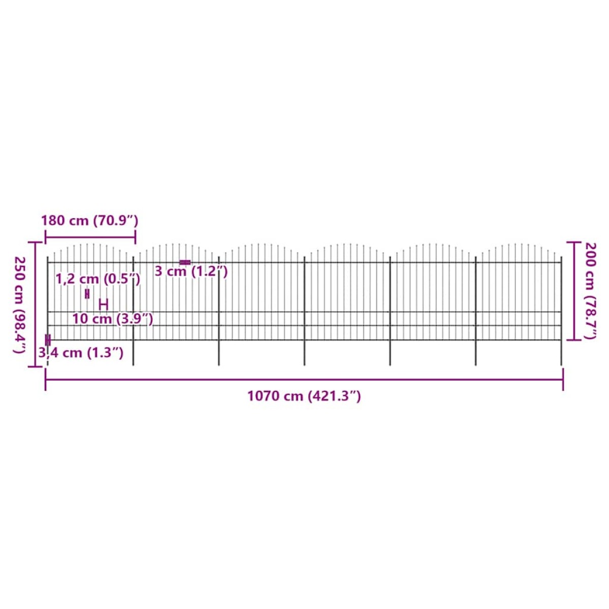 vidaXL Κάγκελα Περίφραξης με Λόγχες Μαύρα (1,75-2) x 10,2 μ. Ατσάλινα