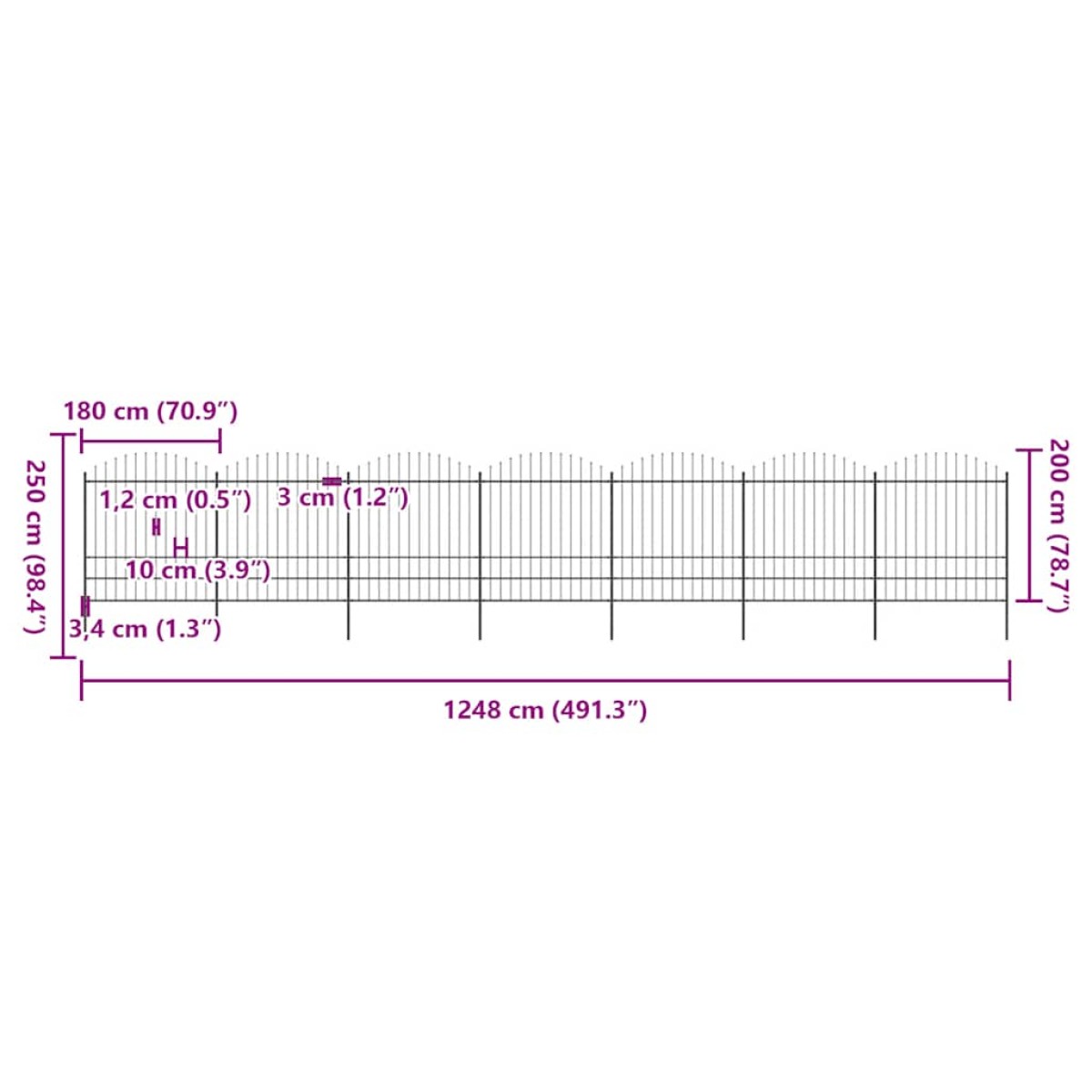 vidaXL Κάγκελα Περίφραξης με Λόγχες Μαύρα (1,75-2) x 11,9 μ. Ατσάλινα