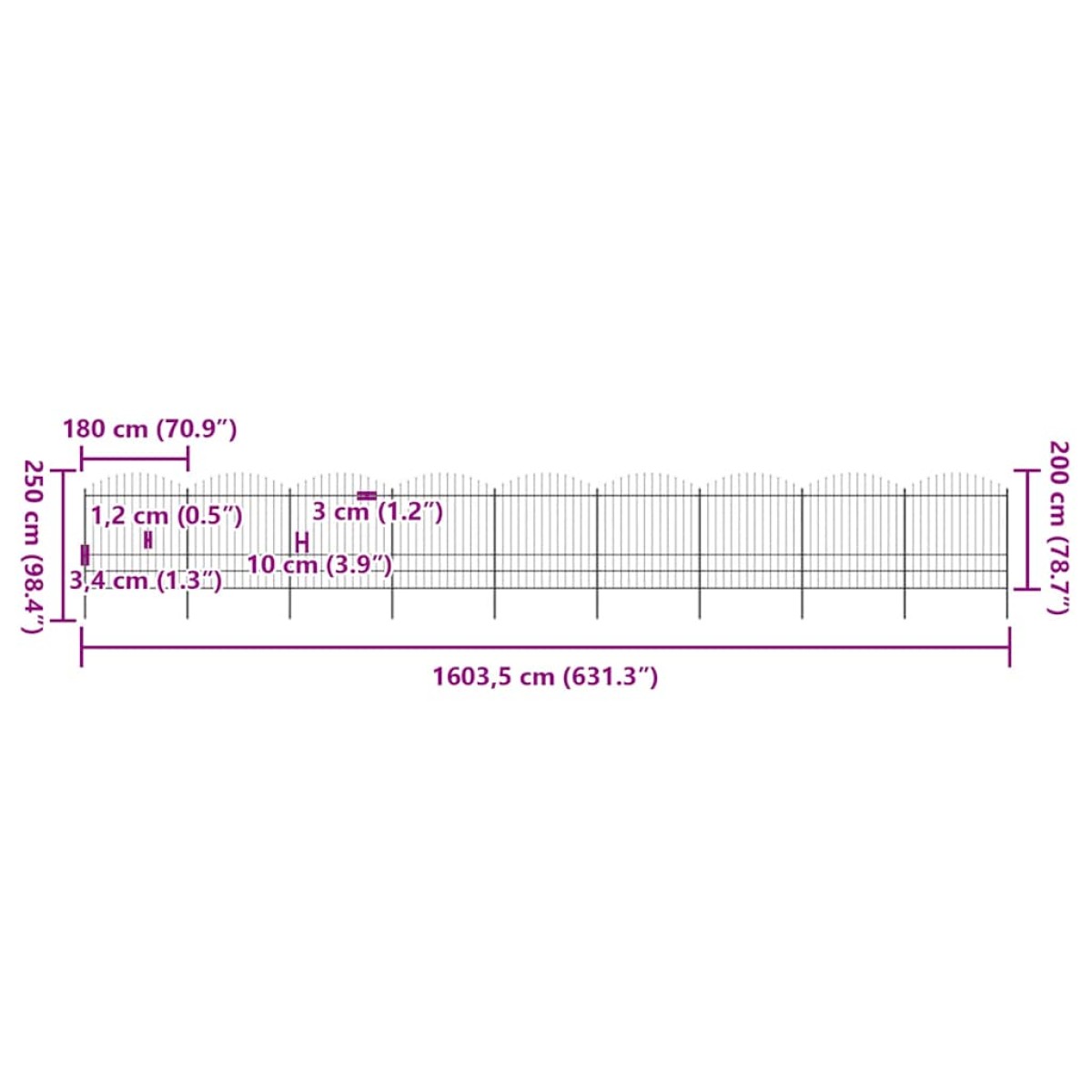 vidaXL Κάγκελα Περίφραξης με Λόγχες Μαύρα (1,75-2) x 15,3 μ. Ατσάλινα