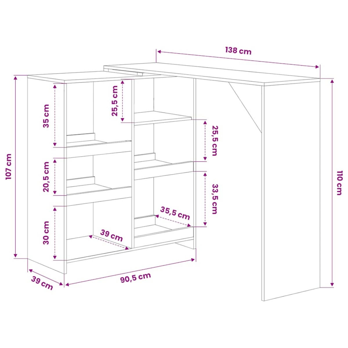 vidaXL Τραπέζι Μπαρ με Κινητή Ραφιέρα Λευκό 138 x 39 x 110 εκ.