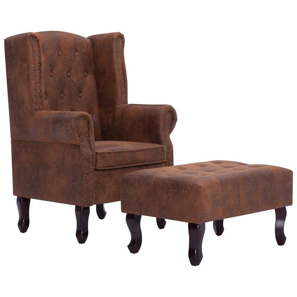 vidaXL Πολυθρόνα Chesterfield με Υποπόδιο Καφέ από Συνθετικό Καστόρι