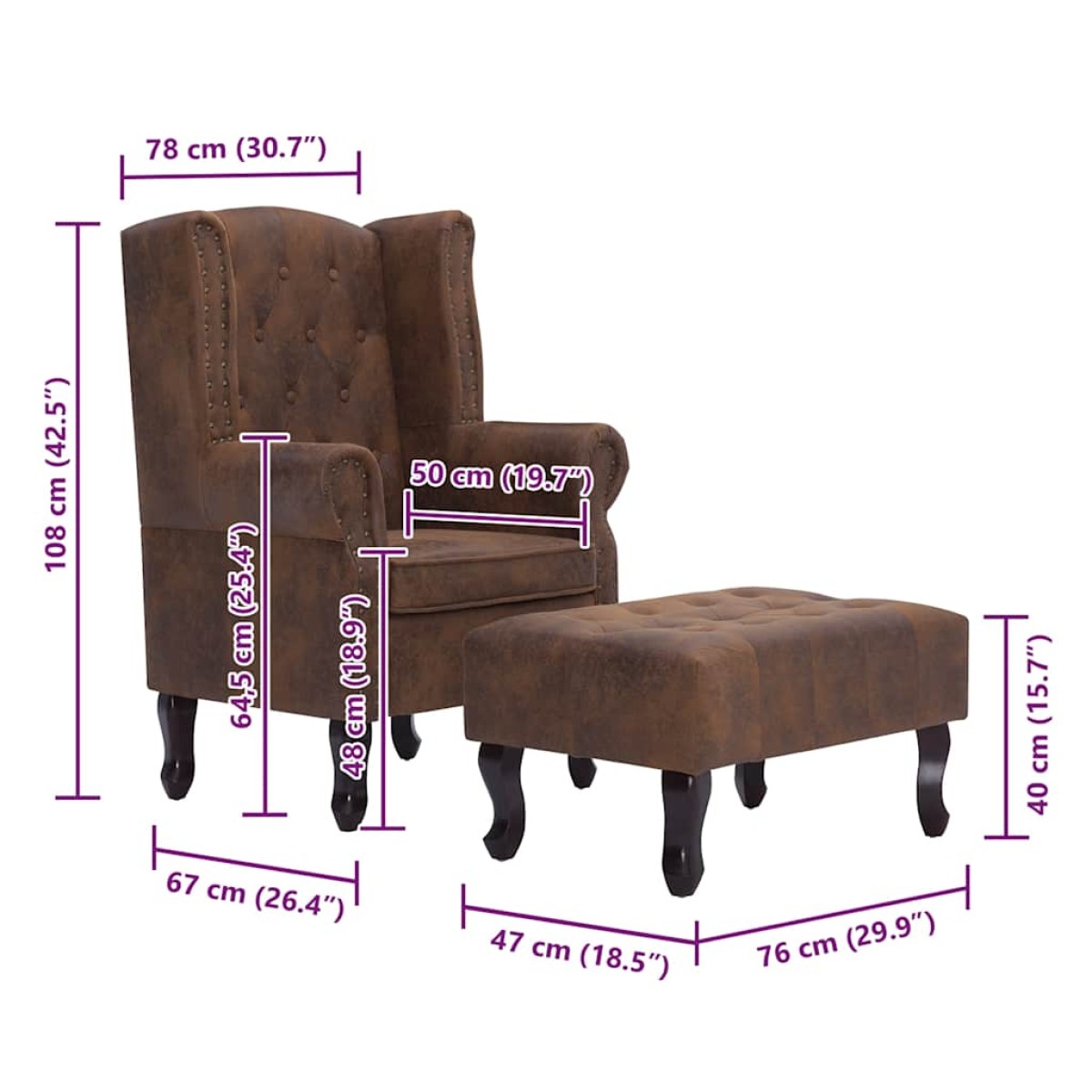 vidaXL Πολυθρόνα Chesterfield με Υποπόδιο Καφέ από Συνθετικό Καστόρι