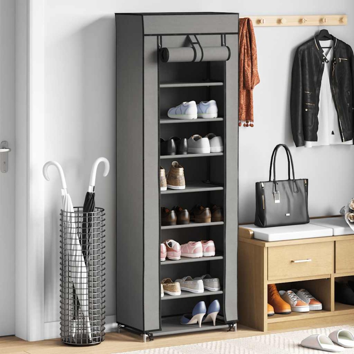 vidaXL Παπουτσοθήκη με Κάλυμμα Γκρι 57 x 29 x 162 εκ. Υφασμάτινη