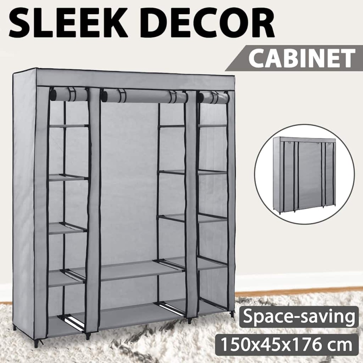 vidaXL Ντουλάπα με Ράφια / Σωλήνες Γκρι 150x45x176 εκ. Υφασμάτινη