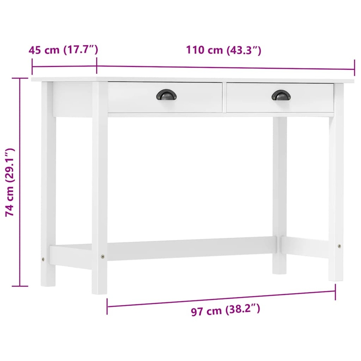 vidaXL Κονσόλα Hill Γκρι 2 Συρτάρια 110x45x74 εκ από Μασίφ Ξύλο Πεύκου