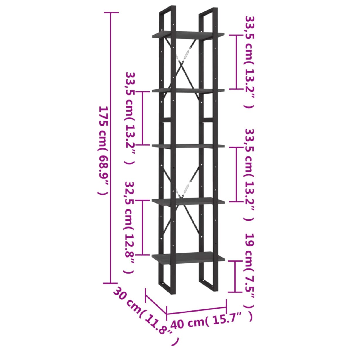 vidaXL Βιβλιοθήκη με 5 Ράφια Γκρι 40 x 30 x 175 εκ. από Ξύλο Πεύκου