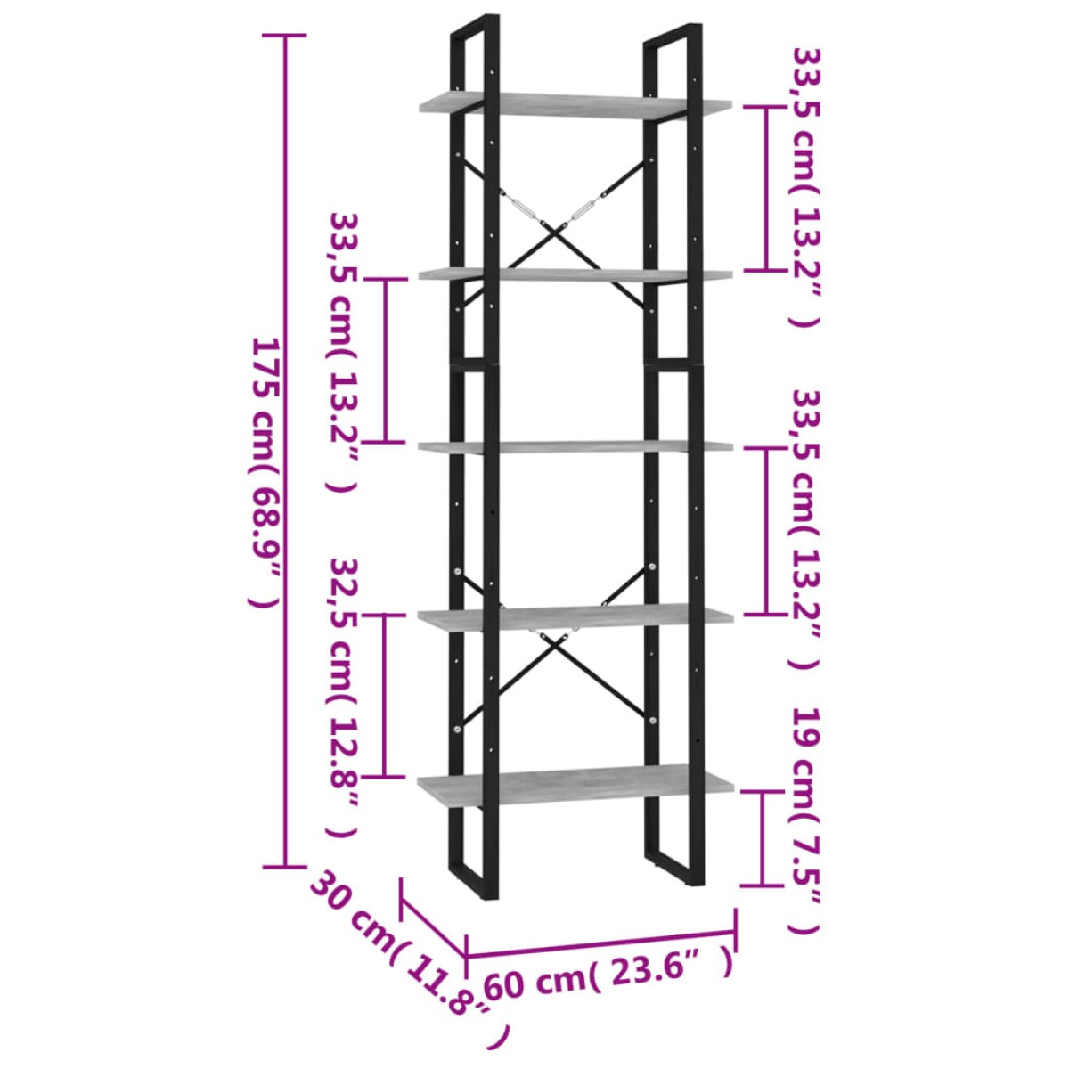 vidaXL Βιβλιοθήκη με 5 Ράφια Γκρι Σκυρ. 60 x 30 x 175 εκ. Επεξ. Ξύλο