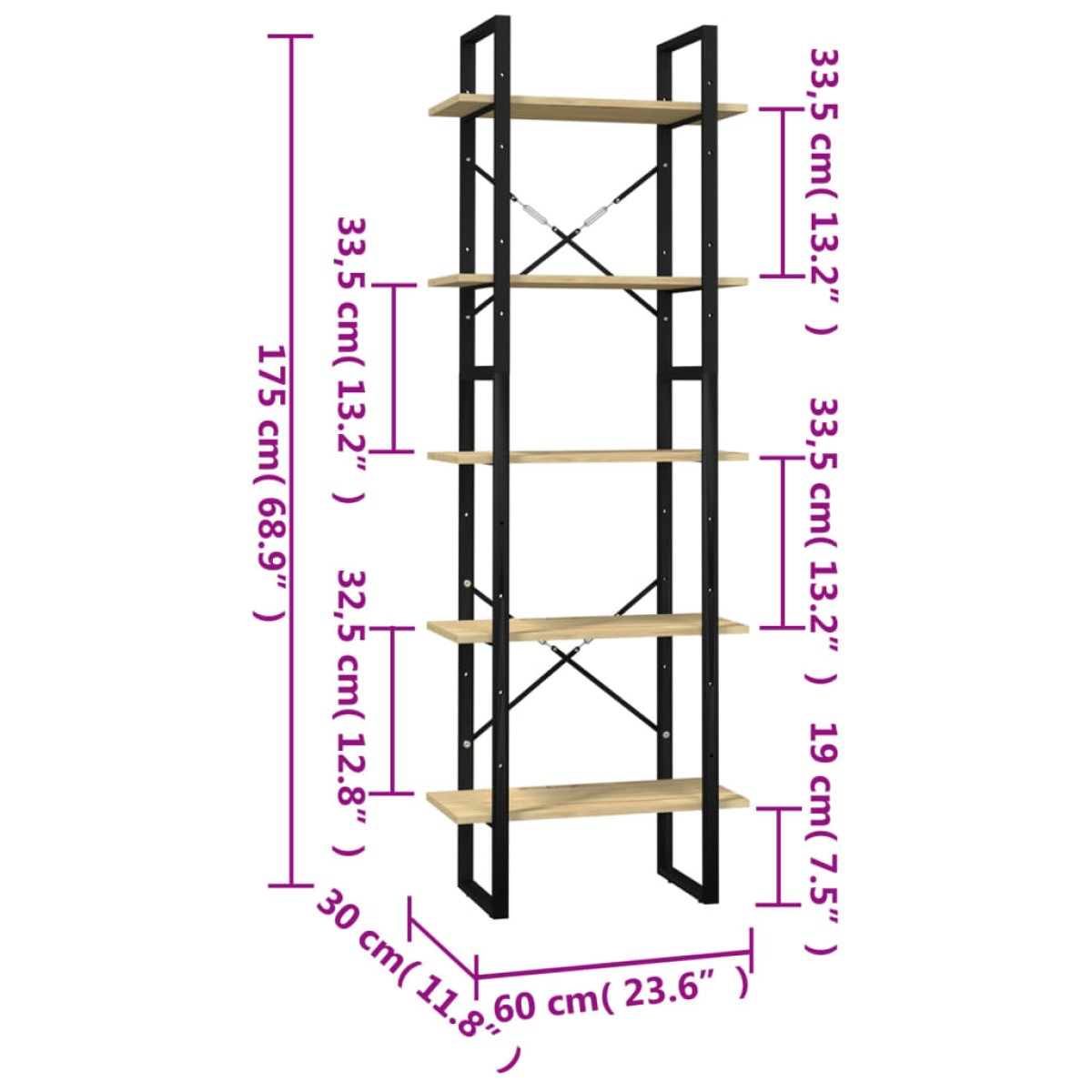 vidaXL Βιβλιοθήκη με 5 Ράφια 60 x 30 x 175 εκ. από Ξύλο Πεύκου