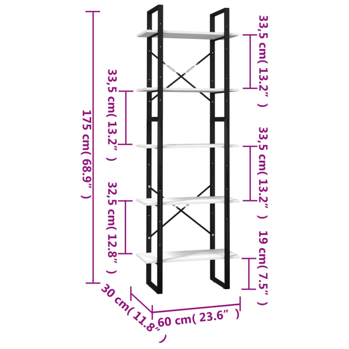 vidaXL Βιβλιοθήκη με 5 Ράφια Λευκή 60 x 30 x 175 εκ. από Ξύλο Πεύκου