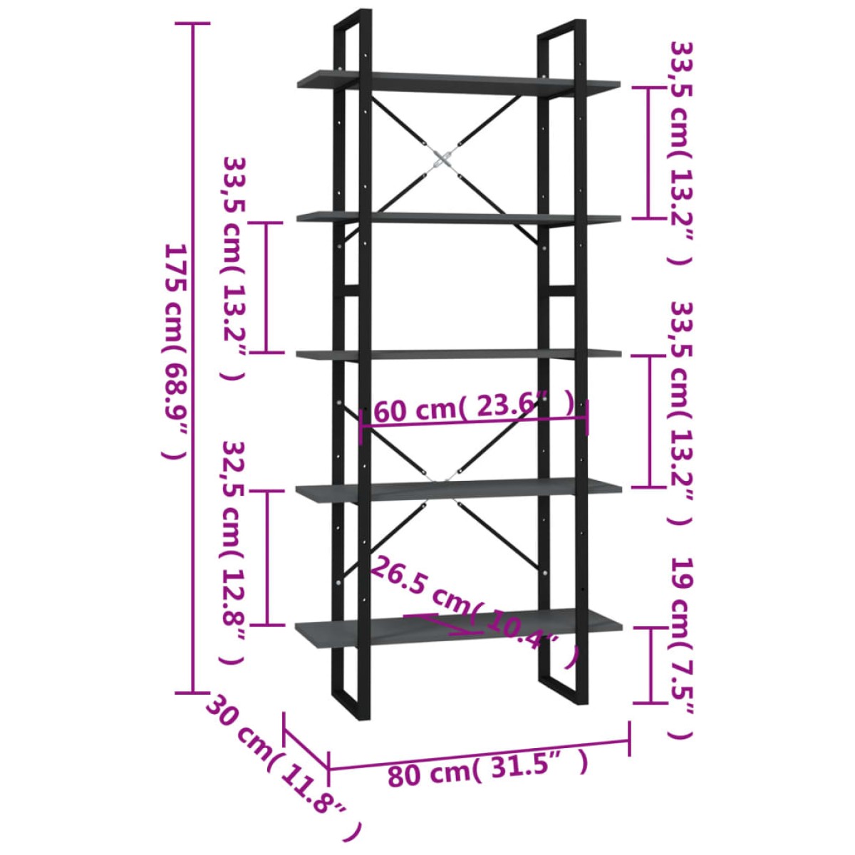 vidaXL Βιβλιοθήκη με 5 Ράφια Γκρι 80 x 30 x 175 εκ. από Επεξ. Ξύλο