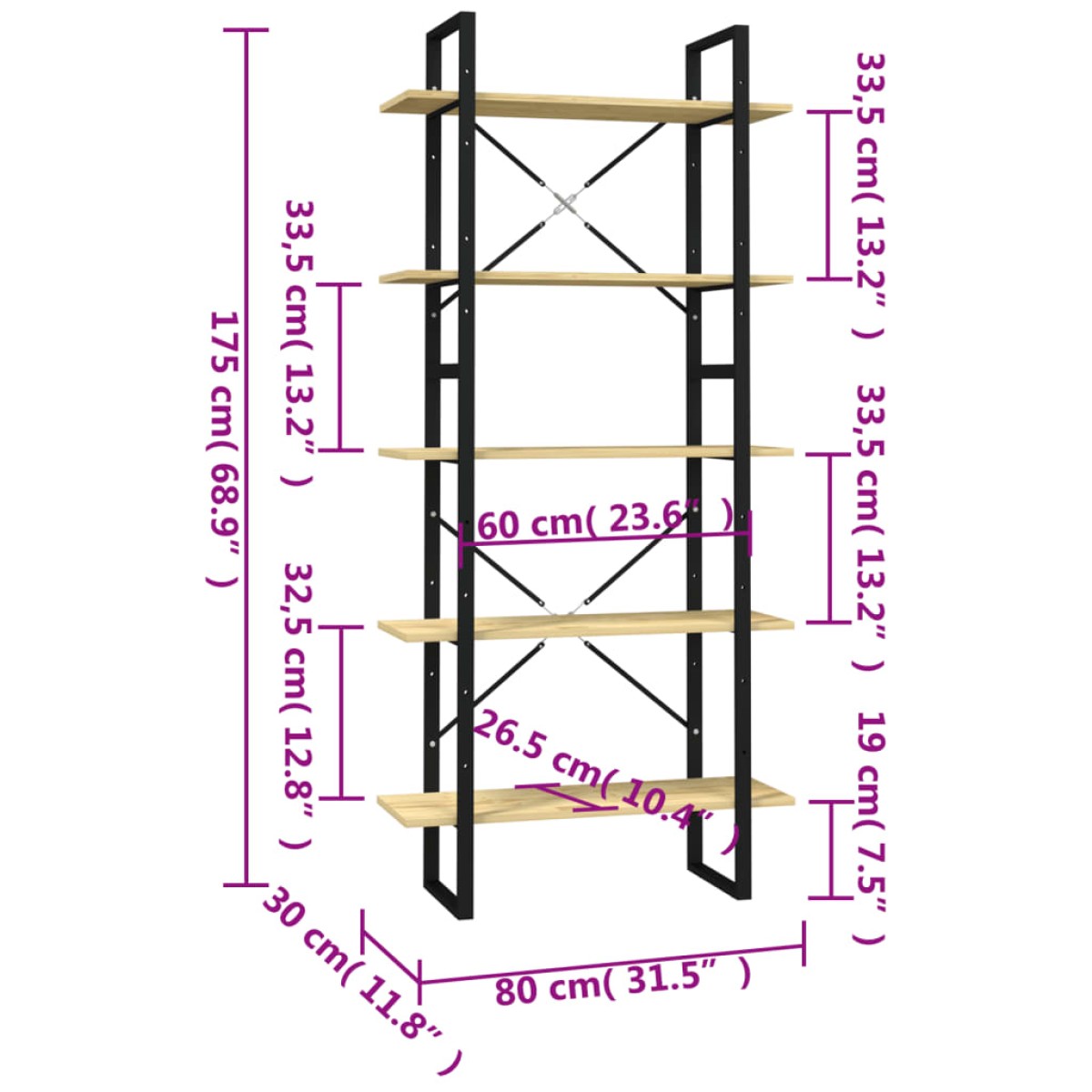 vidaXL Βιβλιοθήκη με 5 Ράφια 80 x 30 x 175 εκ. από Ξύλο Πεύκου