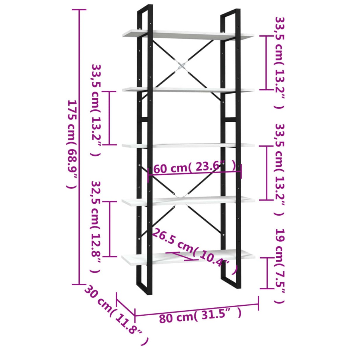 vidaXL Βιβλιοθήκη με 5 Ράφια Λευκή 80 x 30 x 175 εκ. από Ξύλο Πεύκου