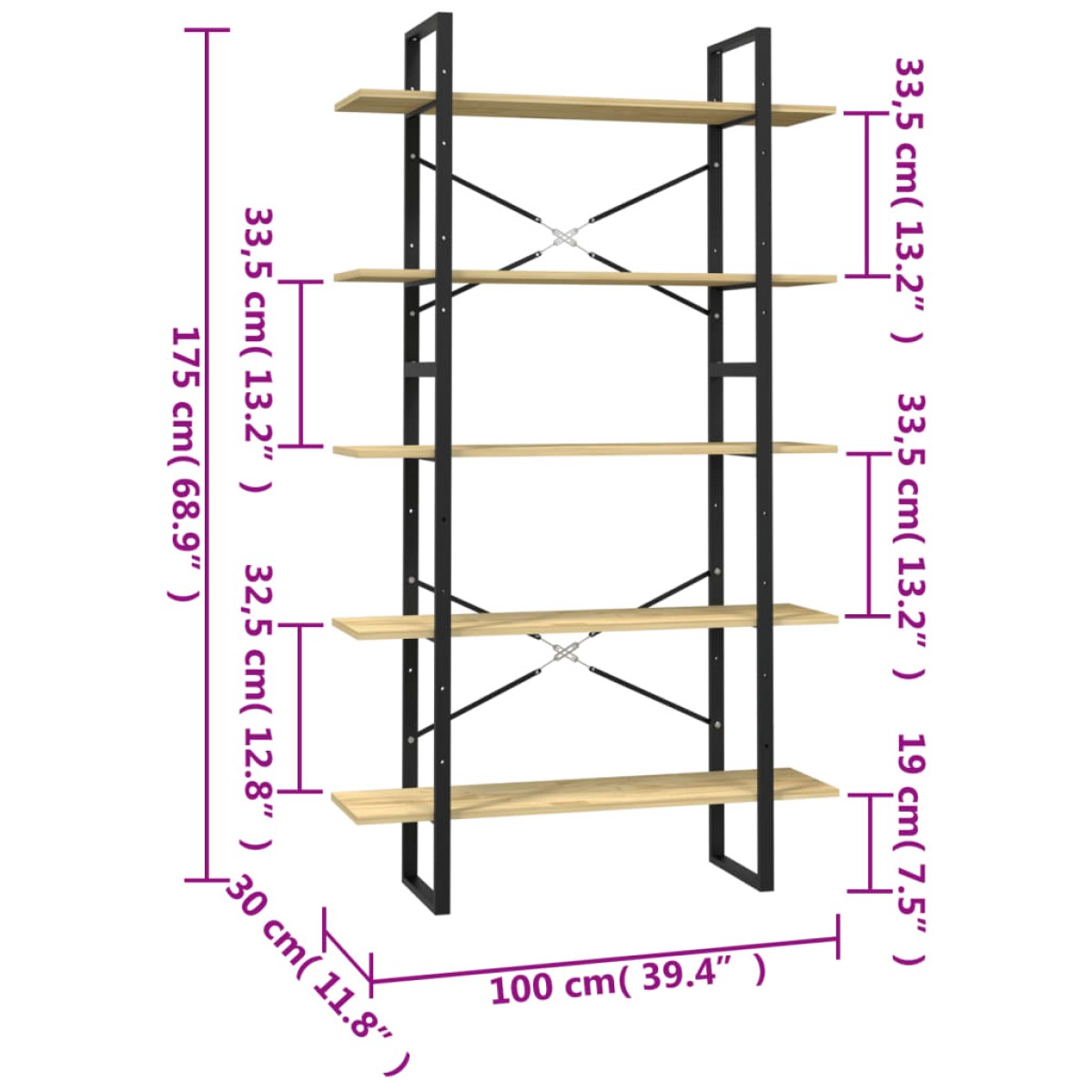 vidaXL Βιβλιοθήκη με 5 Ράφια 100 x 30 x 175 εκ από Ξύλο Πεύκου
