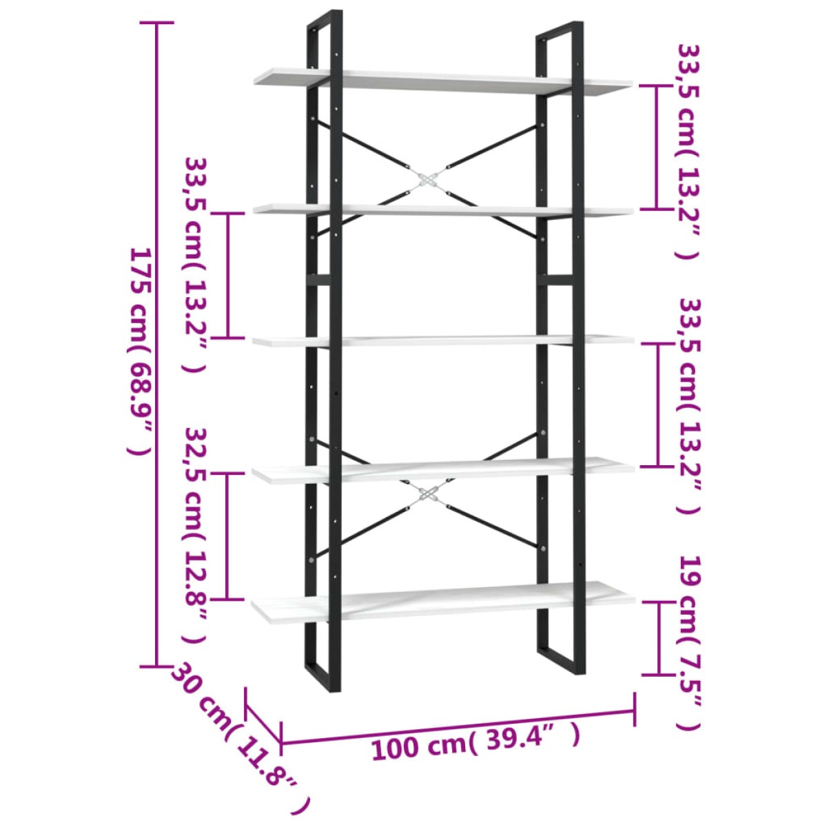 vidaXL Βιβλιοθήκη με 5 Ράφια Λευκή 100 x 30 x 175 εκ από Ξύλο Πεύκου