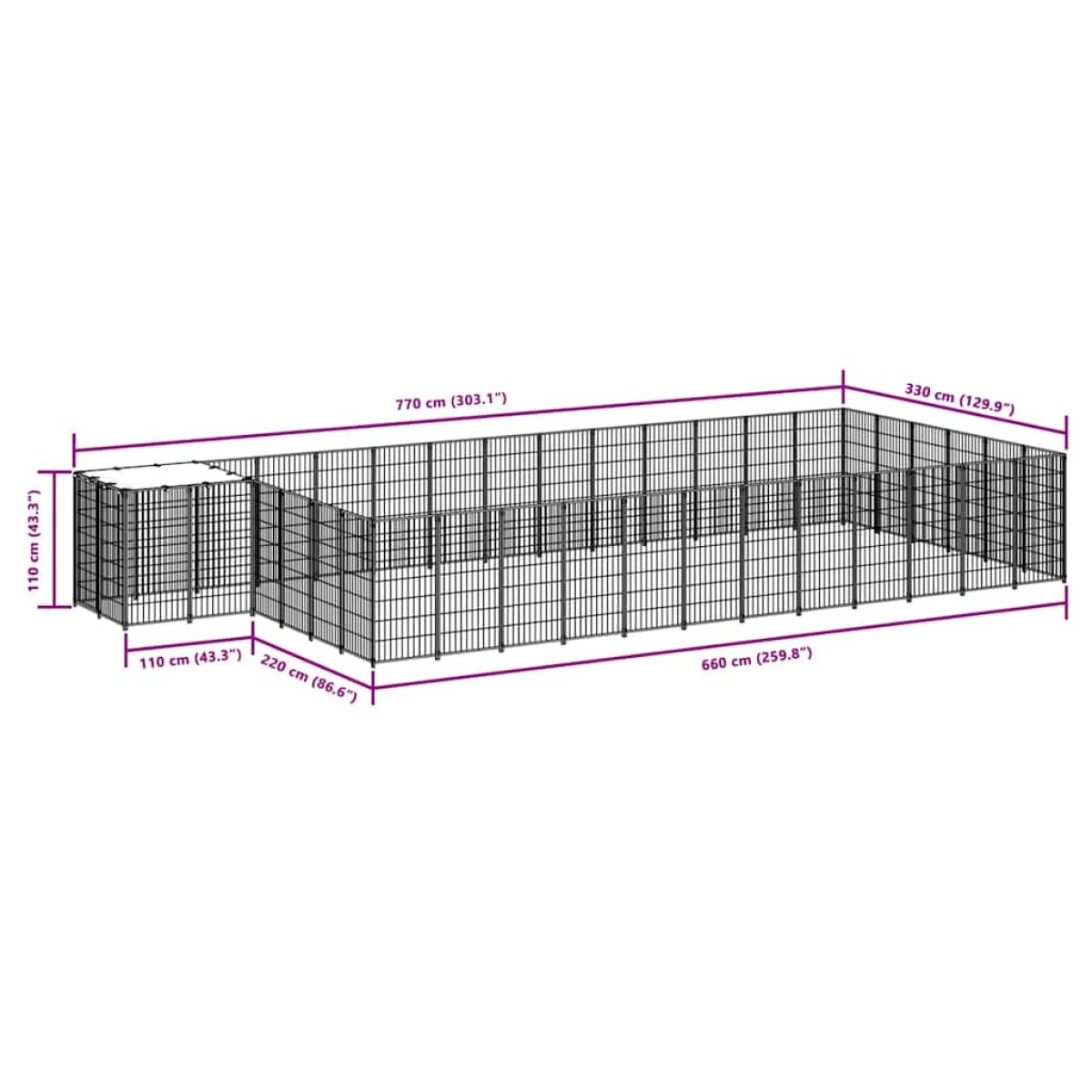 3082216 vidaXL Dog Kennel Black 22,99 m² Ατσάλι (150782+3x150784)