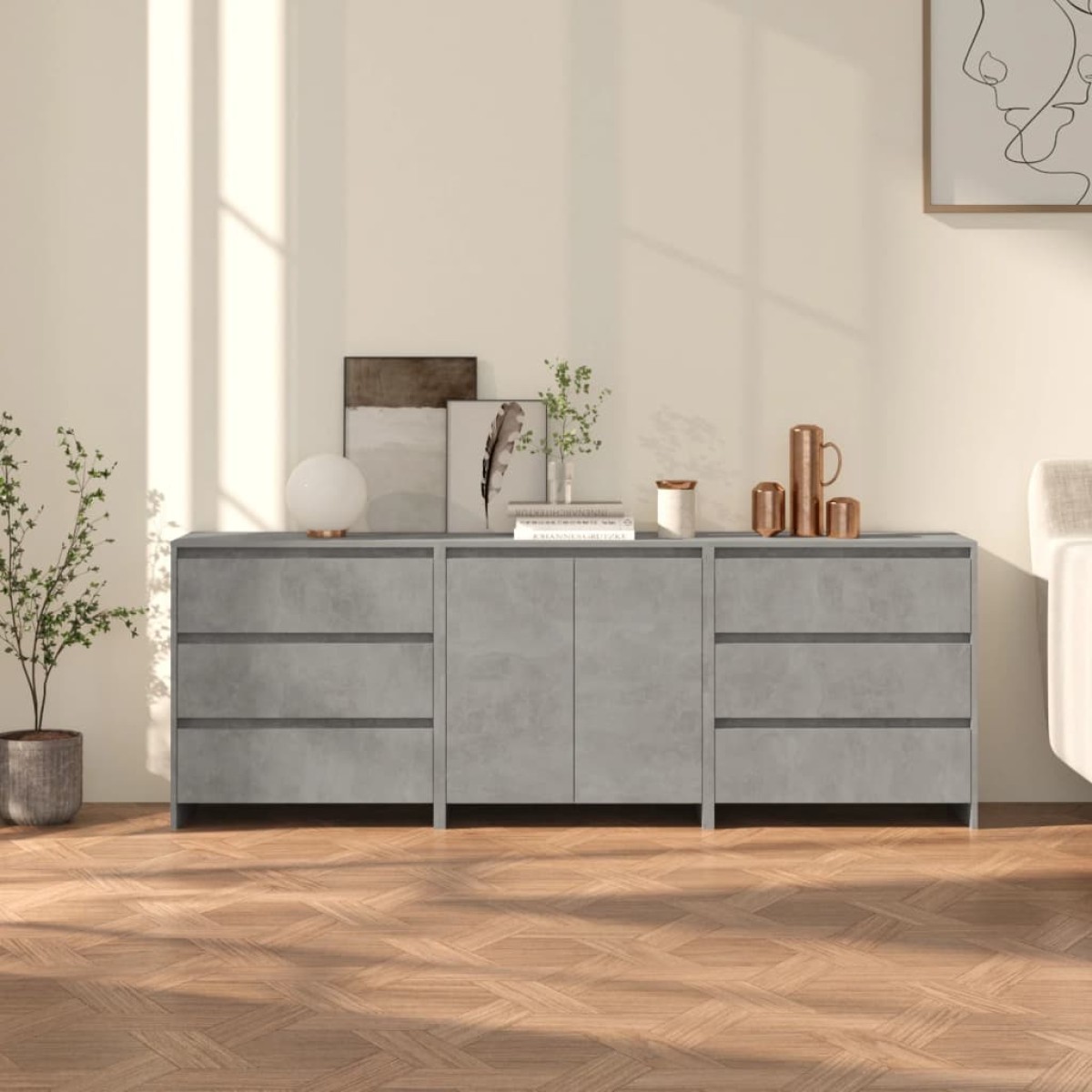 vidaXL Μπουφές 3 τεμαχίων Γκρι Σκυροδέματος από Επεξεργασμένο Ξύλο