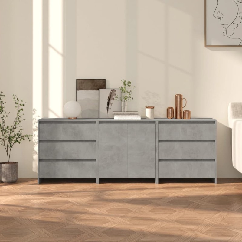 vidaXL Μπουφές 3 τεμαχίων Γκρι Σκυροδέματος από Επεξεργασμένο Ξύλο