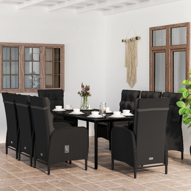vidaXL Σετ Τραπεζαρίας Κήπου 9 τεμ Μαύρο με Μαξιλάρια