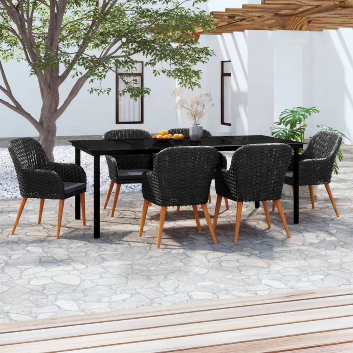 vidaXL Σετ Τραπεζαρίας Κήπου 7 Τεμαχίων Μαύρο με Μαξιλάρια